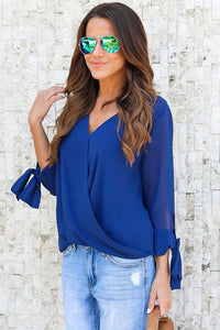 Sexy Blue Womens V Neck Ruched Tie Sleeve Top