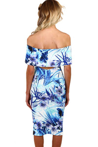 Sexy Blue and White Floral Bardot Bodycon Midi Dress