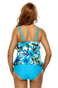 Sexy Bluish Floral Print 2pcs Tankini Swimsuit