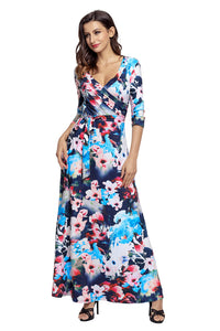 Sexy Bluish Floral Print Wrapped Long Boho Dress