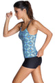Sexy Bluish Patterned Shirr Tankini with Square Shorts