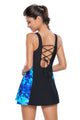 Sexy Bluish Print Black Panel Front A-line Swimdress
