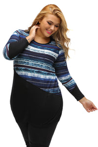 Sexy Bluish Striped Contrast Splice Plus Size Top