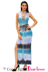 Sexy Bluish Tie Dye Print Sexy Cutout Maxi Dress