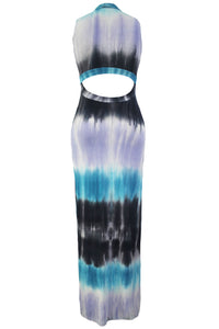 Sexy Bluish Tie Dye Print Sexy Cutout Maxi Dress
