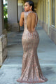 Sexy Blush Sequins Keyhole Back Party Gown