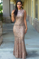 Sexy Blush Sequins Keyhole Back Party Gown