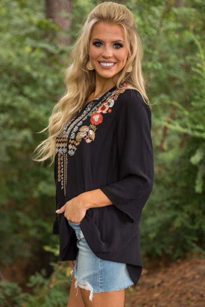 Sexy Bohemian Embroidery Black Sleeved Blouse SEXY AFFORDABLE CLOTHING Sexy Bohemian Embroidery Black Sleeved Blouse SEXY AFFORDABLE CLOTHING