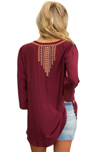 Sexy Bohemian Embroidery Burgundy Sleeved Blouse