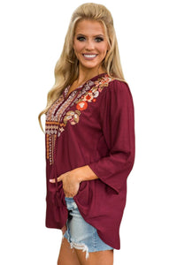 Sexy Bohemian Embroidery Burgundy Sleeved Blouse