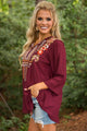 Sexy Bohemian Embroidery Burgundy Sleeved Blouse