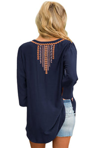 Sexy Bohemian Embroidery Navy Sleeved Blouse