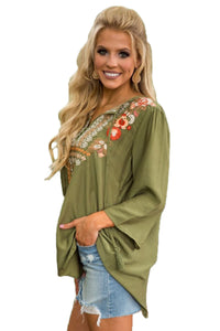 Sexy Bohemian Embroidery Olive Sleeved Blouse