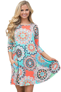 Sexy Bohemian Sunflower Print Aqua Blue Dress