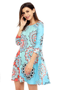 Sexy Bohemian Sunflower Print Aqua Blue Dress