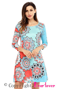 Sexy Bohemian Sunflower Print Aqua Blue Dress