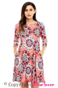 Sexy Bohemian Sunflower Print Coral Dress