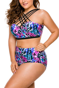 Sexy Bright Strappy High Neck Printed 2pcs Plus Size Swimsuit
