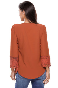 Sexy Brown Lace Detail Button Up Sleeved Blouse
