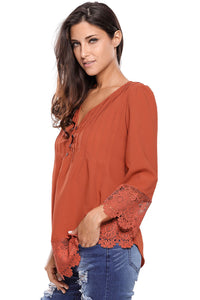 Sexy Brown Lace Detail Button Up Sleeved Blouse