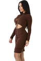 Sexy Brown Lace-up Corset Cut Out Long Sleeve Dress