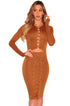 Sexy Brown Lace up Cut out Long Sleeves Bodycon Dress