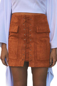 Sexy Brown Suede Lace Up Front Mini Skirt