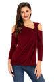 Sexy Burgundy Asymmetric Draped Cold Shoulder Top