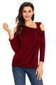 Sexy Burgundy Asymmetric Draped Cold Shoulder Top