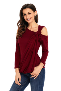 Sexy Burgundy Asymmetric Draped Cold Shoulder Top