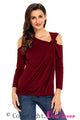 Sexy Burgundy Asymmetric Draped Cold Shoulder Top