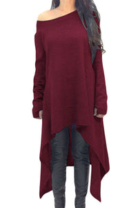 Sexy Burgundy Asymmetric Hemline Long Sleeve Oversize Sweater