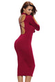 Sexy Burgundy Bodycon Mock Neck O-ring Accent Cut out Half Sleeve Midi Dress