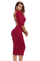 Sexy Burgundy Bodycon Mock Neck O-ring Accent Cut out Half Sleeve Midi Dress
