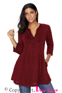 Sexy Burgundy Cable Knit Button Neck Swingy Tunic
