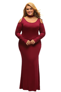 Sexy Burgundy Cold Shoulder Choker Neck Plus Size Maxi Dress