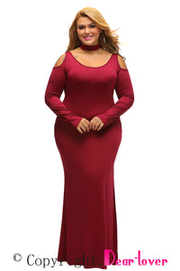 Sexy Burgundy Cold Shoulder Choker Neck Plus Size Maxi Dress