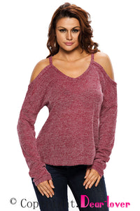 Sexy Burgundy Cold Shoulder Knit Long Sleeves Sweater