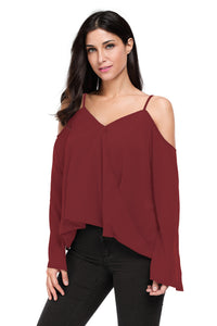 Sexy Burgundy Cold Shoulder Overlap V Neck Long Sleeve Top