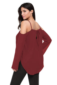 Sexy Burgundy Cold Shoulder Overlap V Neck Long Sleeve Top