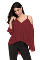 Sexy Burgundy Cold Shoulder Overlap V Neck Long Sleeve Top