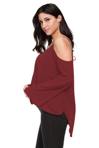 Sexy Burgundy Cold Shoulder Overlap V Neck Long Sleeve Top