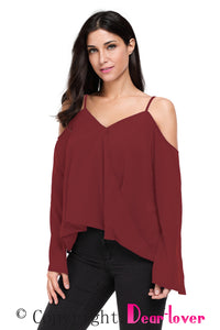 Sexy Burgundy Cold Shoulder Overlap V Neck Long Sleeve Top