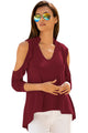 Sexy Burgundy Cold Shoulder Ruffle Top