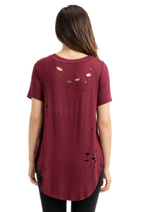 Sexy Burgundy Crisscross Neckline Distressed Cotton T-shirt