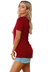 Sexy Burgundy Crisscross Neckline Short Sleeve Tee