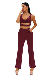 Sexy Burgundy Cross Front Crop Top and Pocket Pant Set