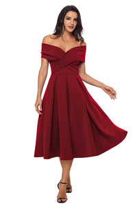 Sexy Burgundy Crossed Off Shoulder Fit-and-flare Prom Dress