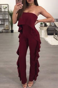 Sexy Burgundy Delicate Ruffle Trim Strapless Jumpsuit