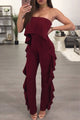 Sexy Burgundy Delicate Ruffle Trim Strapless Jumpsuit